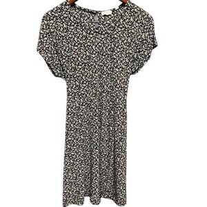 Floral Print Dress Black White Short Sleeve Tie Waist‎ Casual Sun Dress